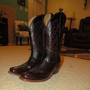 Cherry Red Squared Toed Leather Boots